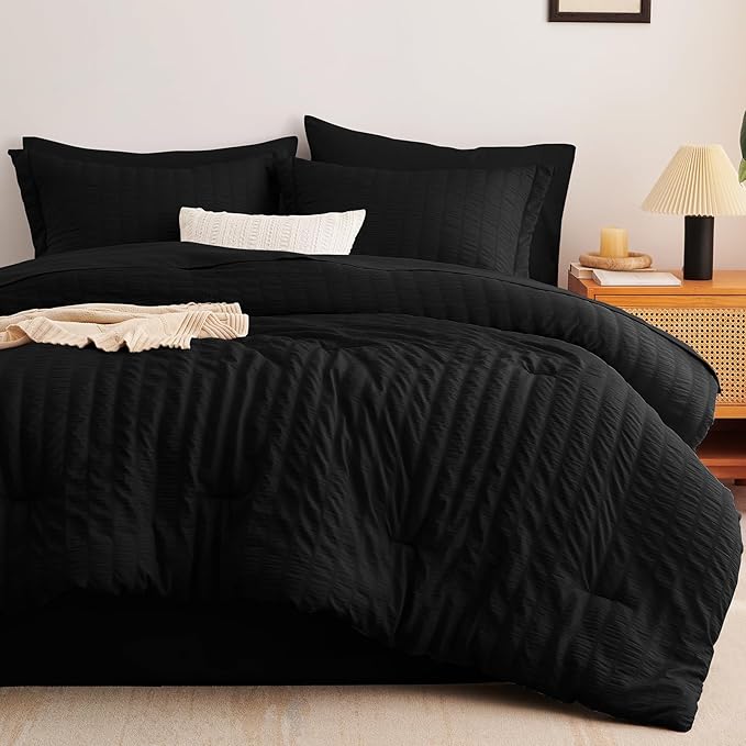 CozyLux Twin Comforter Set with Sheets 5 Pieces, Black Seersucker Textured Bed in a Bag for Bedroom, Luxury Soft Bedding Sets with Down Alternative Comforter, Sheets, Pillowcase & Sham for All Seasons