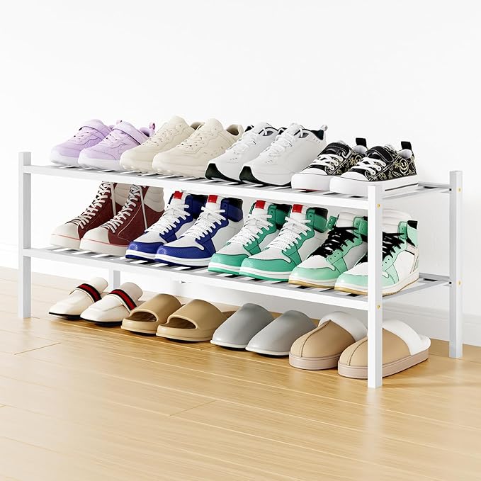 Smiry Shoe Rack, 2 Tier Long Bamboo Shoe Organizer, Stackable Free Standing Wooden Shoe Storage Shelf for Closet, Entryway, Front Door Entrance, White by Smiry