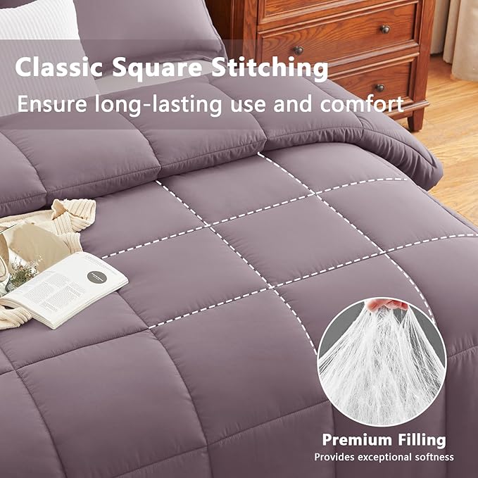 CozyLux Queen Comforter Set - Dusty Purple Comforters Queen Size, 3 Pieces Box Stitched Bed Set for All Seasons, Soft Lightweight Bedding Sets with 1 Down Alternative Comforter and 2 Pillow Shams