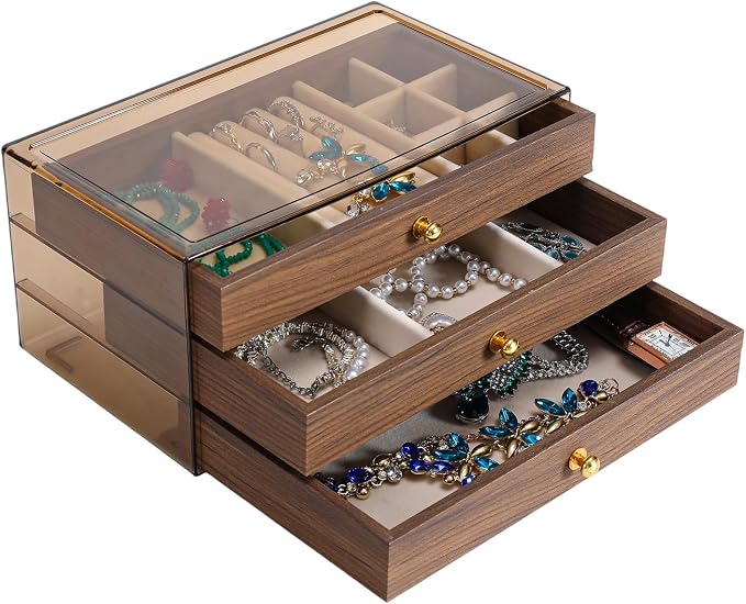 CLUQMEIK 3 Layer Acrylic Case Wooden Drawer Jewelry Organizer with Velvet Lining, Jewelry Box for Women and Girls to Store Rings Earrings Bracelets Necklaces（B） by CLUQMEIK