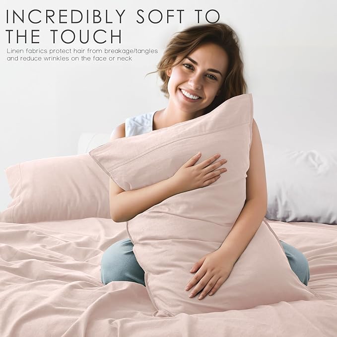 4Pcs Linen Sheets King Size, 100% French Linen from Normandy, Breathable Pink King Sheet Set with 16 Inch Deep Pocket, 1 Flat Sheet, 1 Fitted Sheet, 2 Pillowcases