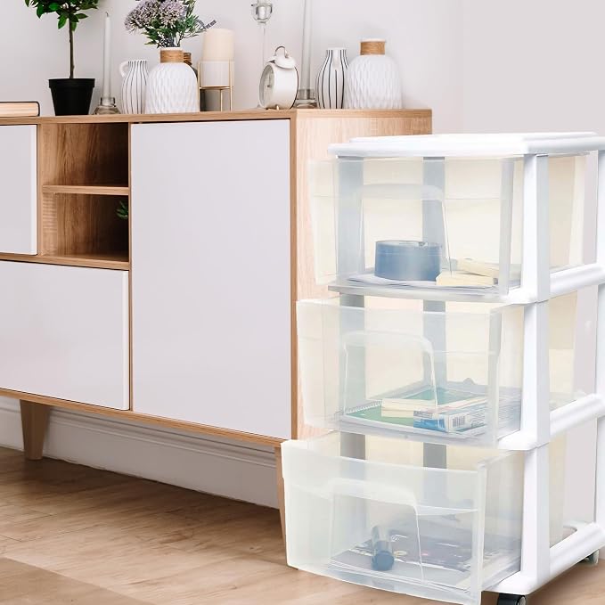 HOMZ 2-Pack Drawer Tower, 3-Tier Clear Plastic Storage Organizer Cart, White Frame - Organizing Containers with Wheels for Home, Bathroom, Bedroom, Office, and Classroom - Image 2