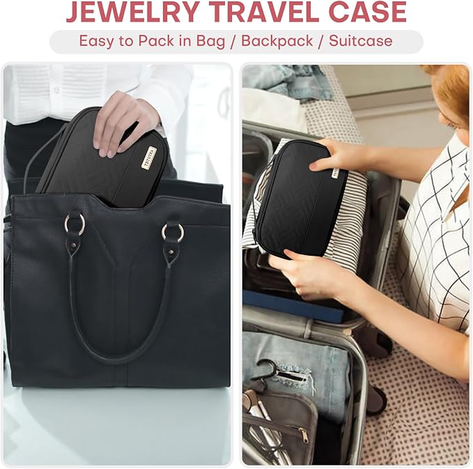Jewelry Travel Case Organizer for Necklaces, Earrings, Rings, Bracelet, Watch, Soft Sided, Black - Image 5