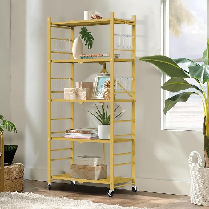 Himix Storage Shelves with 20 Hooks, 5-Tier Foldable Shelves for Storage, Folding Shelf Unit Pantry Shelves with Wheels, Standing Shelving Unit for Kitchen Garage Home Office Room Greenhouse, Gold - Image 2