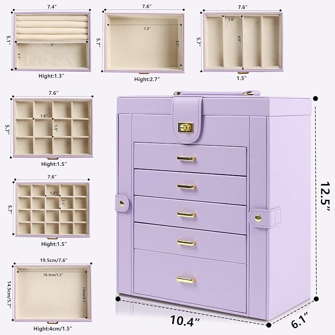 AKOZLIN Large Jewelry Box Organizer Functional with Big Mirror, Leather Jewelry Storage Case for Women Girls Ring Necklace Earring Bracelet Holder Organizer Violet - Image 3