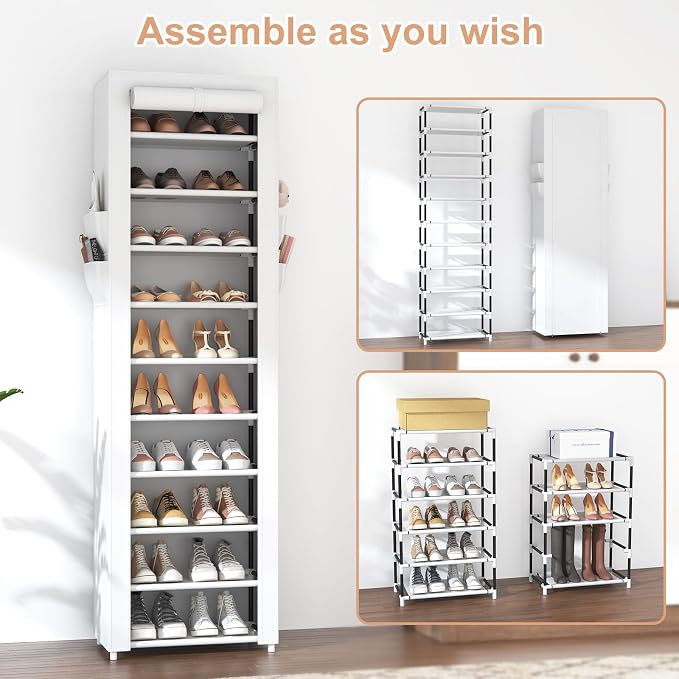 VTRIN Vertical Narrow Shoe Rack Organizer Tall Shoe Rack for Closet Entryway 10 Tier Non-Woven Cover Shoe Shelf Holds 20-22 Pairs Free Standing Shoe Storage Cabinet with Dustproof Cover, White - Image 5