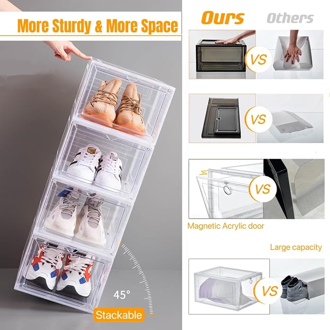 Attelite X-Large Clear Plastic Shoe Boxes - Stackable Shoe Organizer with Magnetic Door, Drop Front Display Box (9 Pack, Clear Black) - Image 2