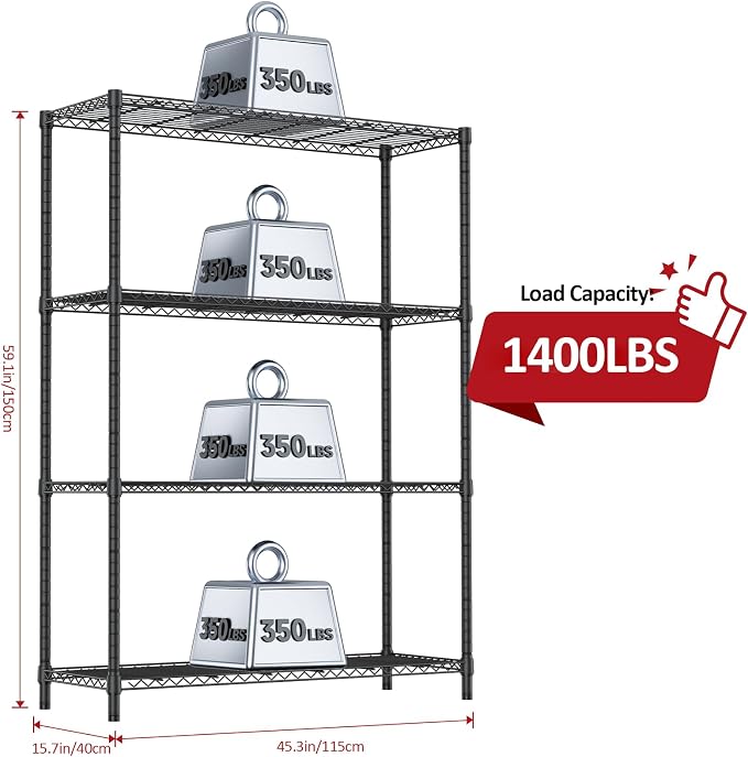 IZEUK 1400 LBS Garage Black Shelving Wide Storage Shelves 4 Tier Adjustable Heavy Duty Metal Wire Rack Standing Shelf Unit for Kitchen Office College Dorm Garage Warehouse 15.8" x 45.8"x 59.4" - Image 3