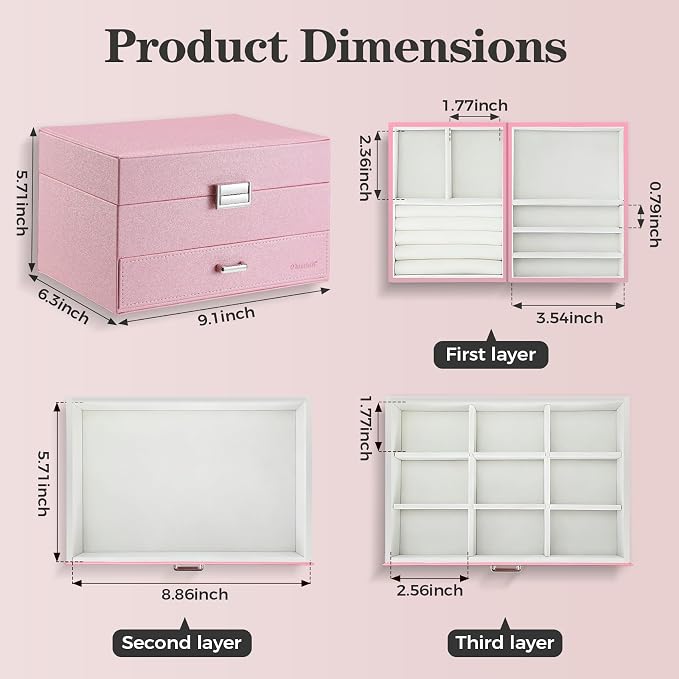 Dajasan Jewelry Organizer Box, Large Jewelry Boxes for Women Girls, Space-Saving 3 Layers Jewelry Storage Case with Drawer, Gift Idea, Movable Metal Stand, Modern (Pink) - Image 3