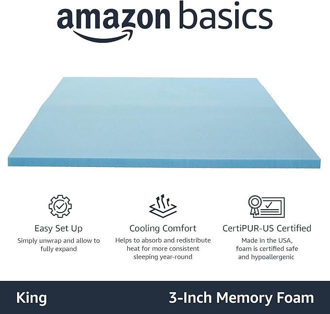 Amazon Basics King Cooling Gel-Infused Memory Foam Mattress Topper, CertiPUR-US Certified, 3 Inches, Blue