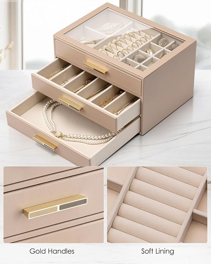 VLANDO 3 Layer Jewelry Box for Women, Mothers Day Gifts for Women, Glass Lid Jewelry Organizer with 3 Drawers for Necklaces Rings Earrings Bracelets - Toffee - Image 5