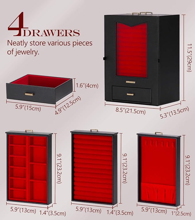 Homde Jewelry Organizer with Transparent Window Necklace Hooks Gift for Women Jewelry Box Display Case for Necklaces Rings Earrings Bracelets and Other Jewelry Accessories (Black + Red +Gold) - Image 6