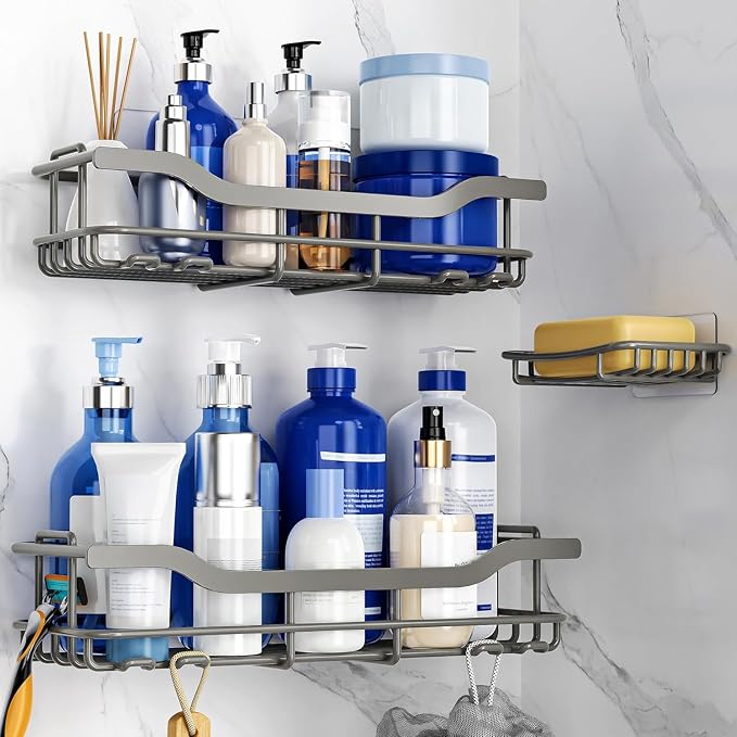 OMAIRA 3-Pack Shower Caddy with Soap Holder, Adhesive Rustproof No-drill Strudy Loading Inside Shower Organizer Shelves Rack Storage Bathroom Organization for Smooth Wall Glass Tile, Grey (X-Large) - Image 2