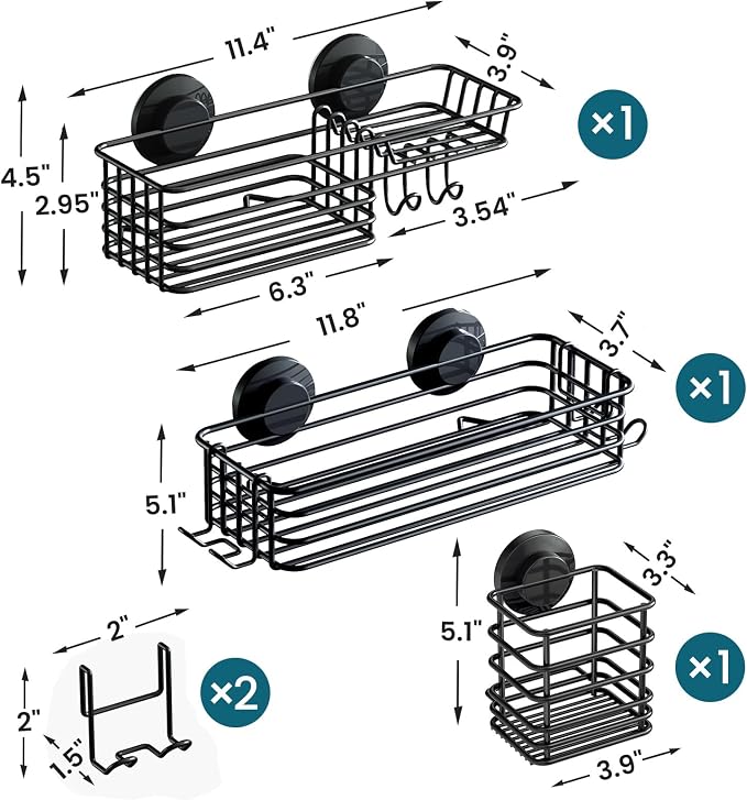 TAILI Shower Caddy Suction Cup, 3 Pack Shelves for Inside with Hooks & Soap holder Toothbrush Cups, Removable Bathroom Organizer, Rustproof Black Holder Storage-Black - Image 3