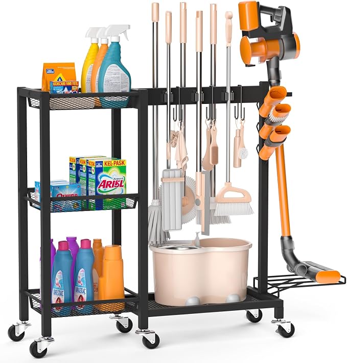 Broom Holder with Cleaning Supplies Organizer Load 350 LBS Cleaning Cart with Wheels Broom Closet Storage with 3-Tier Shelves, 6 Mop Hanger Grippers, 3 Double-Hooks, Vacuum Stand for Laundry Garage by FLOUREEbyFetchHome