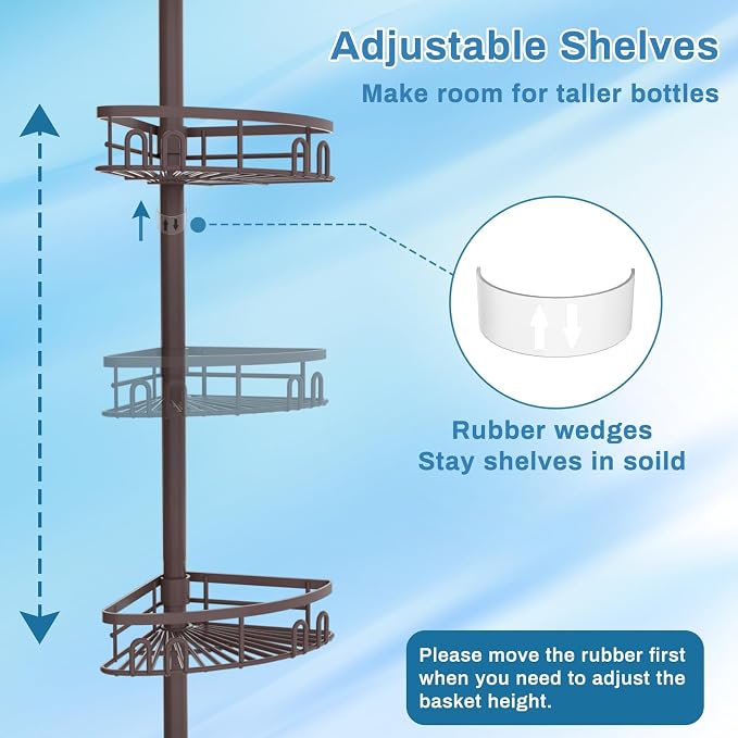 Rustproof Shower Corner Caddy Shelf for Bathroom Tension Pole Organizer with 4 Baskets for Bathtub Shampoo Storage from 23.6 to 114.5 Inch with Towel Bar (Bronze) - Image 6