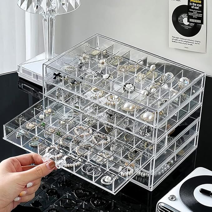 YUFONG Jewelry Boxes Earring Storage Box Organizer 5 Drawers Jewelry Organizer Acrylic Jewelry Storage Box Holder Compartment Transparent Display Storage Case Gift for Women Girls (102 Girds) - Image 2