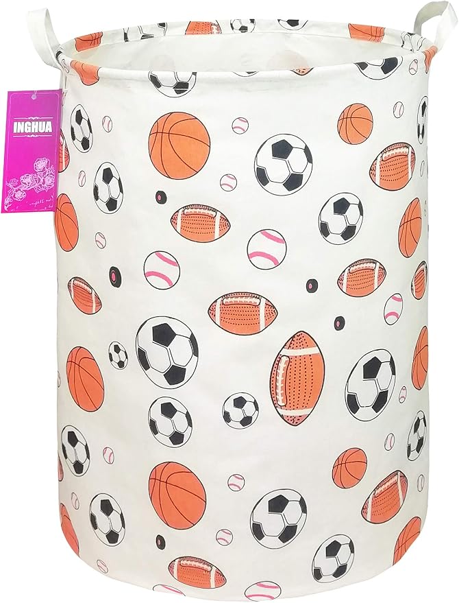 Laundry Hamper Large Canvas Fabric Lightweight Storage Basket/Toy Organizer/Dirty Clothes Collapsible Waterproof for College Dorms, Boys and Girls Bedroom,Bathroom(Ball game) by INGHUA