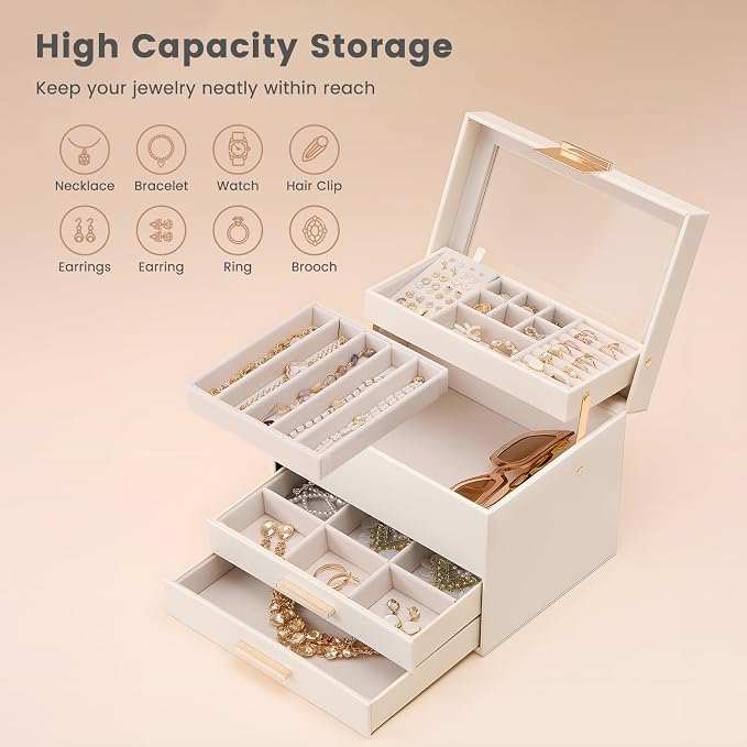 Lolalet Jewelry Box, Clear Window Jewelry Organizer with Drawer for Earrings Bracelets Necklaces Rings, Jewelry Storage for Women -White, 4 Layers - Image 2