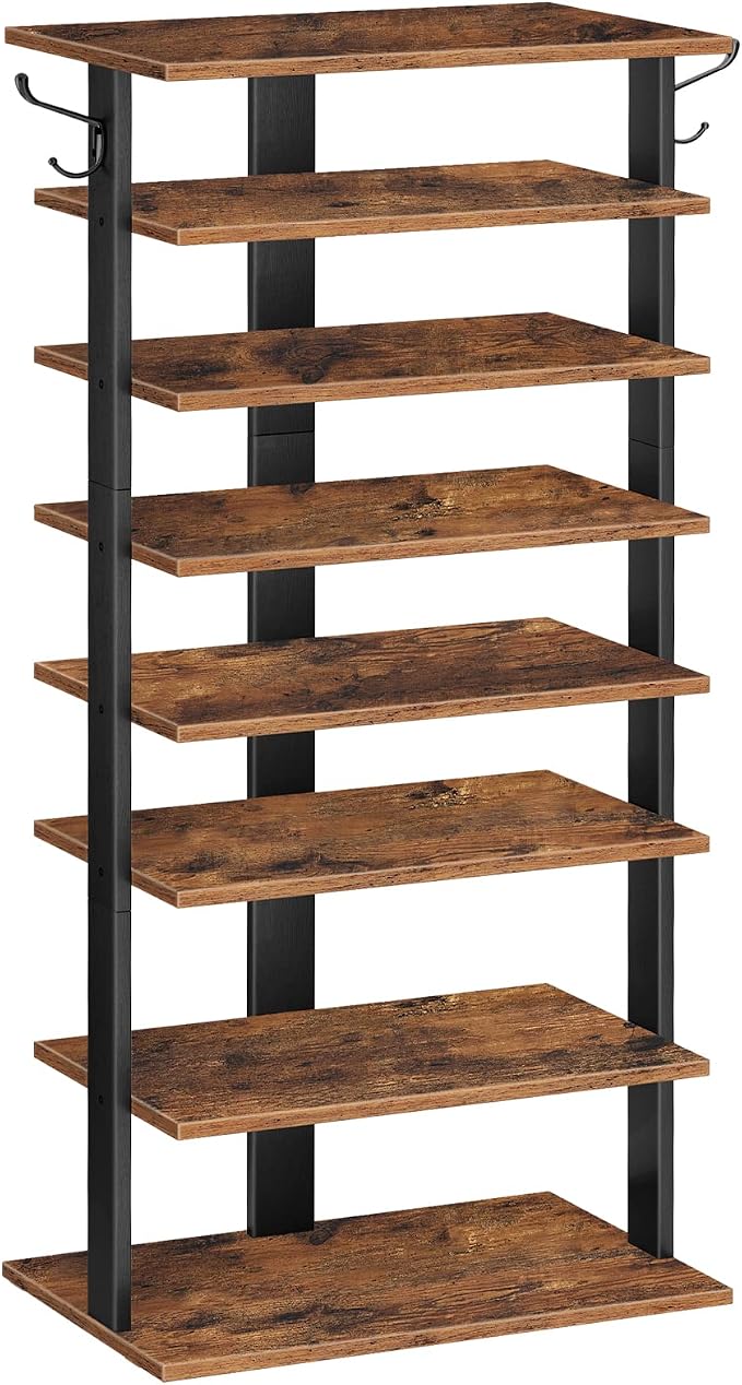 HOOBRO 8 Tiers Vertical Shoe Rack, Wooden Shoe Storage Organizer with Hooks, Narrow Shoe Tower for 16 Pairs, Space Saving, for Entryway, Living Room, Bedroom, Rustic Brown BF750XJ01 by HOOBRO