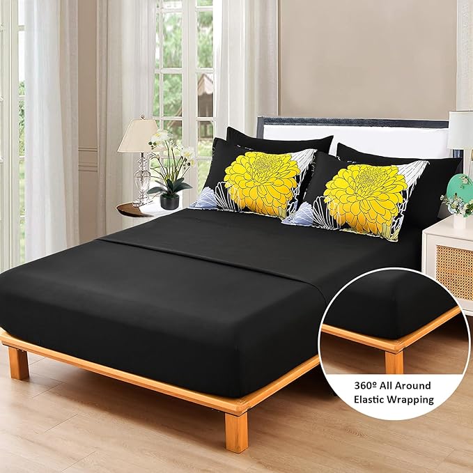 Yiran Bed in a Bag Queen Yellow Black Comforter Set 7 Pieces Soft Microfiber Floral Boho Bedding Set with 1 Comforter 1 Flat Sheet 1 Fitted Sheet 2 Pillowshams 2 Pillowcases
