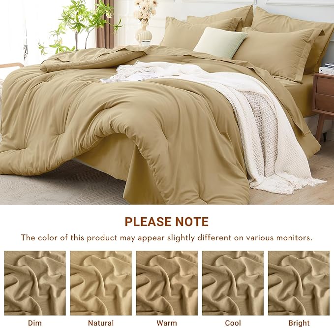 MUXHOMO 7 Pieces King Comforter Set, Soft Bed in a Bag King Size, All Season Bedding Set with Comforter, Flat Sheet, Fitted Sheet, Pillowcases & Shams, Khaki