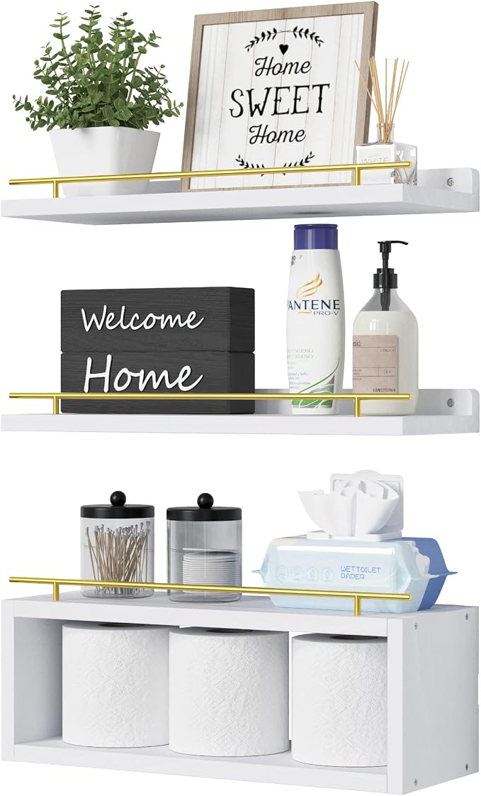 WOPITUES Floating Shelves for Wall with Cube Shelf, Wall Shelves with Metal Rail for Decor, Bathroom Organizers and Storage, Over Toilet Shelves for Bathroom, Toilet Paper-White&Gold by WOPITUESOfficial