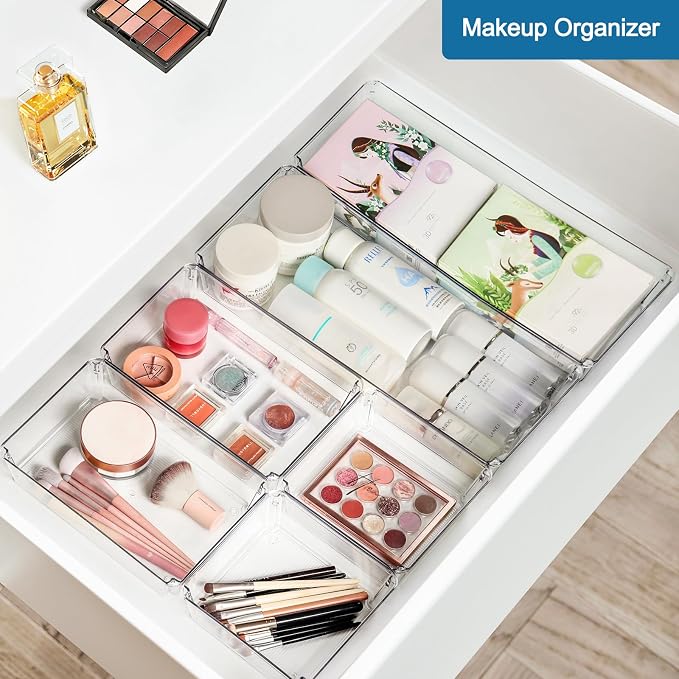 9 PCS Clear Plastic Drawer Organizer Sets, 3 Sizes Vanity Organizer Trays Stackable Storage Bins for Kitchen, Cabinet, Bathroom, Office, Laundry Room Organizing - Image 7