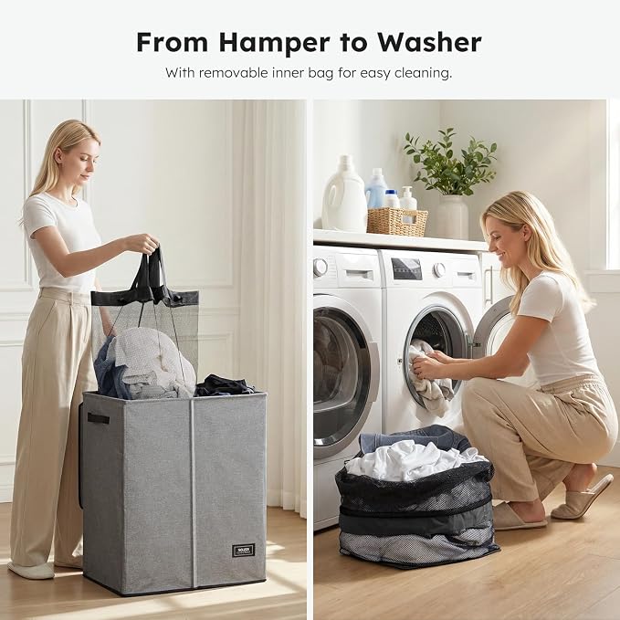SOLEDI Double Laundry Basket with Lid and Removable bag, Large Laundry Hamper 2 Section with handles, Collapsible Dirty Clothes Hampers for Laundry, Bedroom, Dorm, College - Image 5