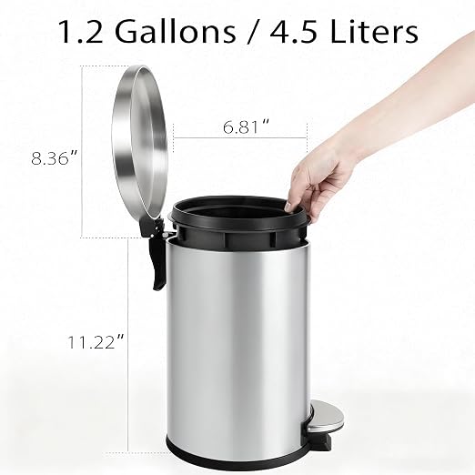 TIPGO Small Trash Can with Lid Soft Close, 4.5 Liters / 1.2 Gallon Bathroom Garbage Can, Mini Step Trash Bin, Stainless Steel Wastebasket for Bathroom, Bedroom, Office (Silver) - Image 5