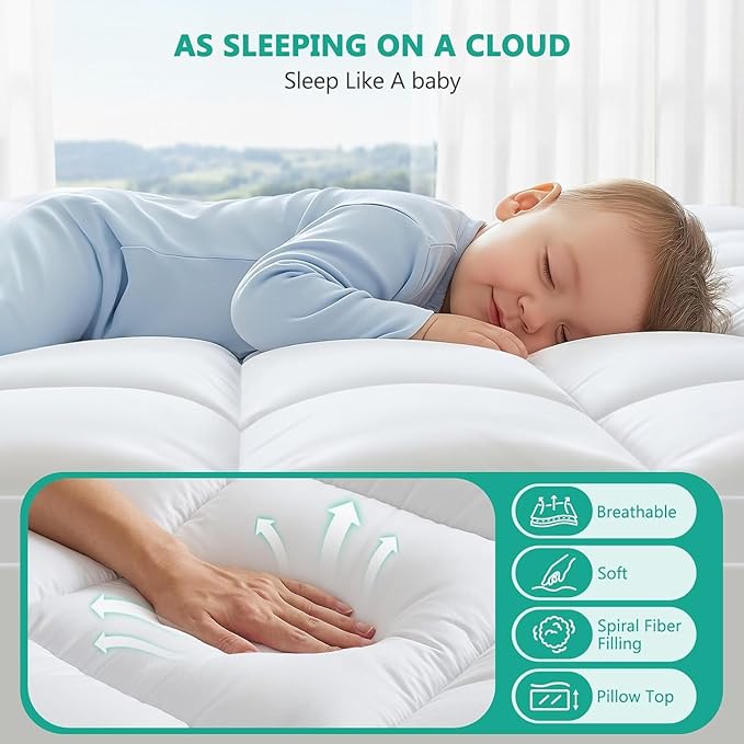 Full Mattress Topper - Extra Thick Mattress Pad Cover - Pillow Top with Soft Breathable Spiral Fiber Filling, 8-21 Inch Deep Pocket, Cooling, White