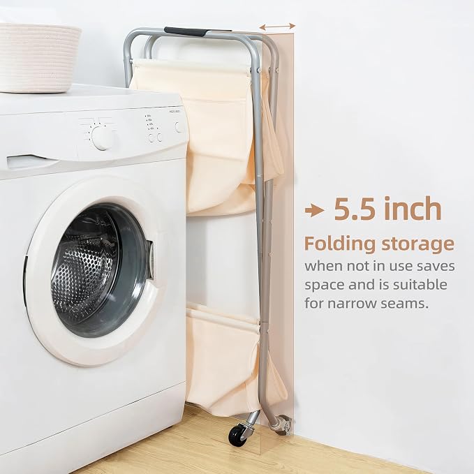STORAGE MANIAC Collapsible Laundry Cart with Wheels 31.5"H Rolling Laundry Hamper Clothes Basket with Wheels, Canvas Liner Sturdy Steel Frame Folding for Small Narrow Space Easy Storage, Beige - Image 3