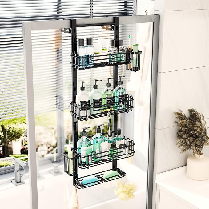 HapiRm 4 Tier Over the Door Shower Caddy, Hanging Shower Organizer with 22 Hooks and 2 Toothbrush Holders, No Drilling Adjustable Hanging Shelves for Bathroom Storage - Black - Image 8