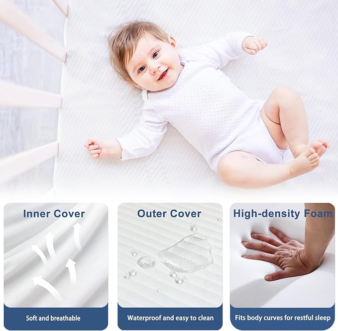 Pack and Play Mattress 38 x 26 x 1.25 inch, Soft Breathable Playard & Pack N Play Mattresses with Washable Waterproof Cover for Baby ＆Toddler