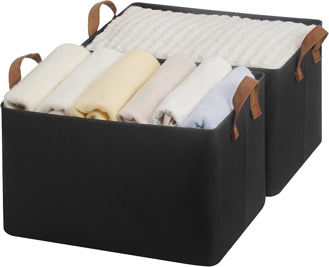 StorageWorks Storage Bins, Fabric Storage Bins for Shelves, Large Storage Baskets with Metal Frame, Closet Baskets and Bins with Handles, Black, 2-Pack by StorageWorks