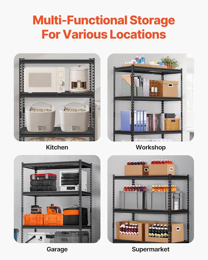 VEVOR Storage Shelves, 2400 lbs, 4 Tier Heavy Duty Garage Shelving, 20" D x 40" W x 60" H Adjustable Metal Shelves for Industrial Shelving Unit Utility Shelf, for Kitchen, Warehouse, Basement, Black - Image 8