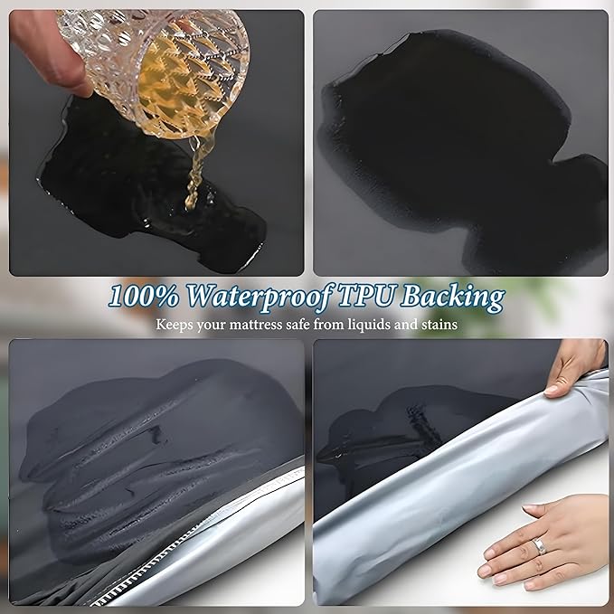 Waterproof Mattress Protector, Queen Size Cooling 3D Air Fabric Bed Pad Cover Noiseless with Deep Pocket 4"-14" Depth, Soft Breathable Dirt-Proof Bed Mattress Cover Washable (Black, Queen)