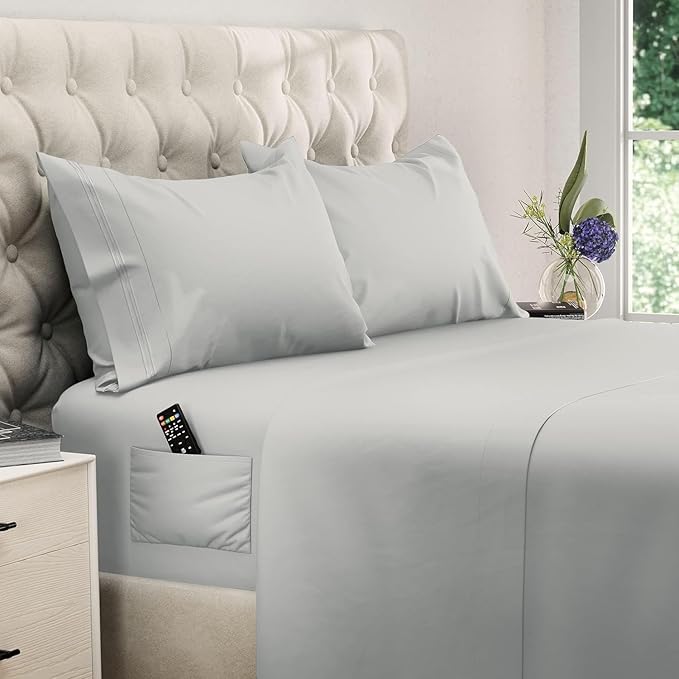 DREAMCARE California King Sheet Sets - 6 pcs Breathable Cooling Bed Sheets - up to 21" Extra Deep Cal King Sheets with Side Pockets - Extra Soft 100% Brushed Hypoallergenic Hotel Luxury Bedding L-Gray