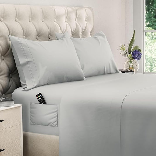 DREAMCARE California King Sheet Sets - 6 pcs Breathable Cooling Bed Sheets - up to 21" Extra Deep Cal King Sheets with Side Pockets - Extra Soft 100% Brushed Hypoallergenic Hotel Luxury Bedding L-Gray