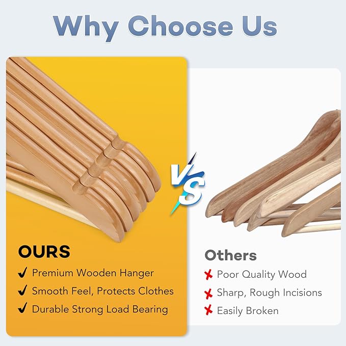 Wooden Hangers 80 Pack,Wood Hangers for Coats, Suits, Jackets, Closet & Pants Durable Premium Wood Hangers with 360-Degree Rotatable Hook and Notches, Natural - Image 5