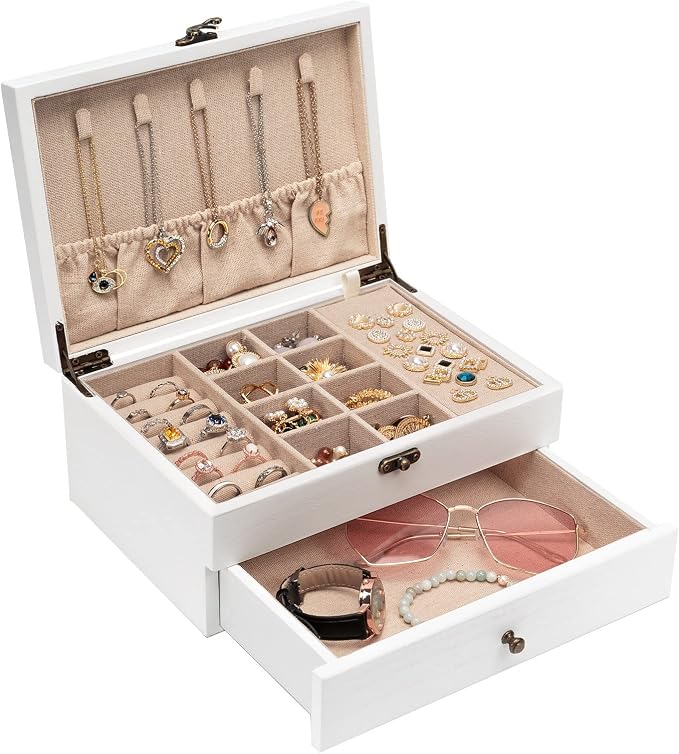 Pinzoveco Jewelry Box for Women, Rustic Wooden Jewelry Organizer Box for Storage Earrings Rings Necklace Bracelet, Farmhouse Style Wood Jewelry Boxes & Organizers (White) by Pinzoveco