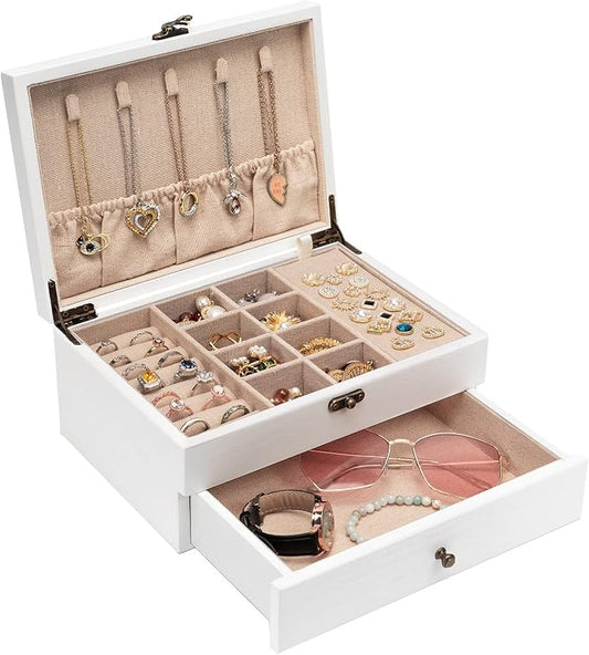Pinzoveco Jewelry Box for Women, Rustic Wooden Jewelry Organizer Box for Storage Earrings Rings Necklace Bracelet, Farmhouse Style Wood Jewelry Boxes & Organizers (White) by Pinzoveco