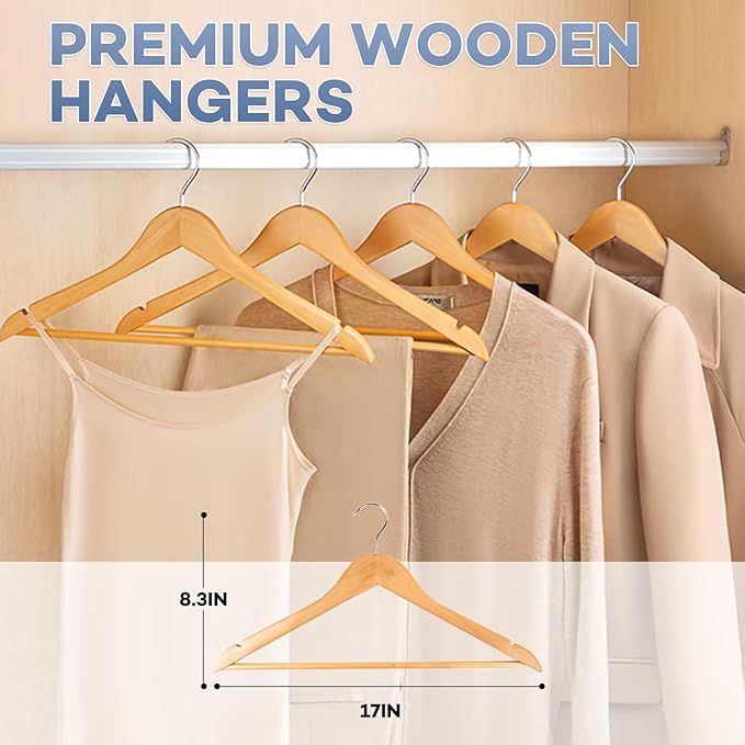 Wooden Hangers 8 Pack, Heavy Duty Wood Hangers for Coats, Suits, Jackets, Closet & Pants Durable Premium Wood Hanger with 360-Degree Rotatable Hook and Notches, Natural - Image 2