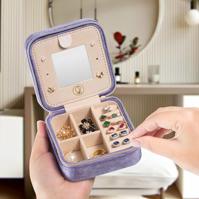 TRODANCE Plush Velvet Travel Jewelry Case Organizer, Small Travel Jewelry Box,Portable Jewelry Box Travel Mini Organizer Portable Display Storage Box For Rings Earrings Necklaces (Periwinkle Blue) - Image 2