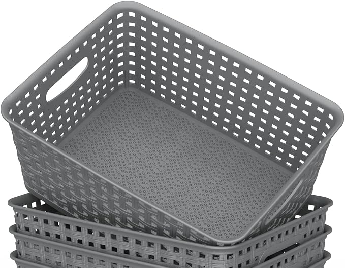 WYT 12-Pack Plastic Small Shelf Storage Weave Baskets for Organizing, Grey - Image 4