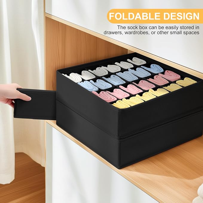 Joyoldelf Sock Drawer Organizer Divider 2 Packs Underwear Organizer, 24 Cell Collapsible Closet Cabinet Organizer Underwear Storage Boxes for Storing Socks, Handkerchiefs, Ties, Belts (Black) - Image 7
