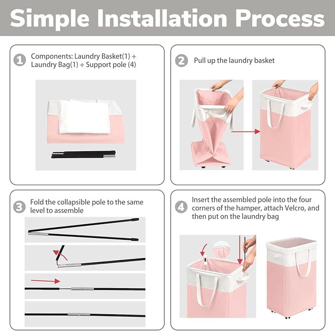 Goodpick Laundry Basket with Wheels 2-Pack, 75L Tall Clothes Hamper, Large Laundry Basket with Removable Wash Bag for Corner Dorm, Rolling Hamper, Pink&White - Image 3