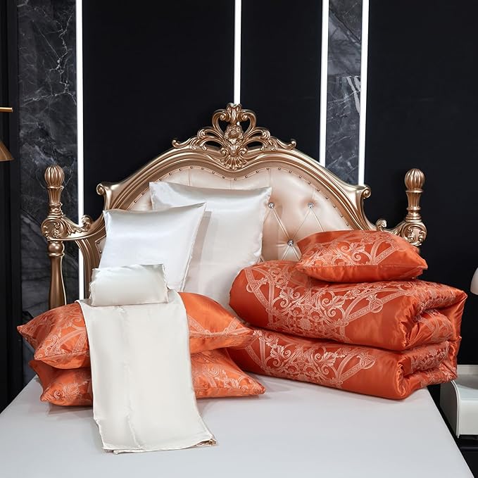 Jacquard Full Comforter Set with Beige Sheet Set Orange Bedding Set 8 Pcs Embroidery Neoclassical Floral Elegant Bed Home Decor Soft Down Comforter Luxury Hotel Silky Bed in a Bag with 1 Cushion Cover