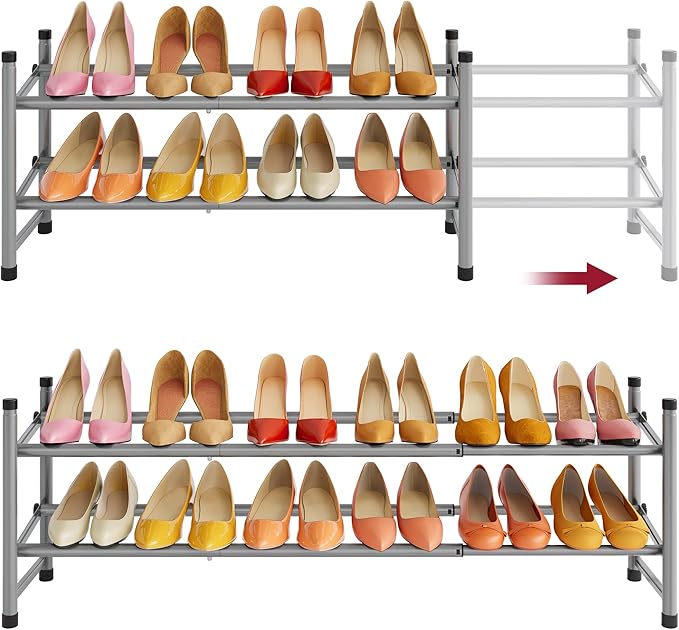 Tajsoon 2 Tier Expandable Shoe Rack for Closet, 28“-41“Adjustable & Stackable Shoe Shelf Storage, Metal Shoe Rack Organizer for Front Door Entrance, Closet, Garage, Entryway, Grey by Tajsoon