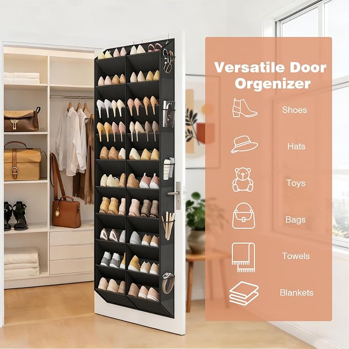 LANTEFUL Over the Door Shoe Organizer, Hanging Shoe Rack for Closet Door Shoe Storage for 30 Pairs Sneaker and Boots, Large Shoe Holder for Door with 10 Side Pockets, Space Saving, Black - Image 8